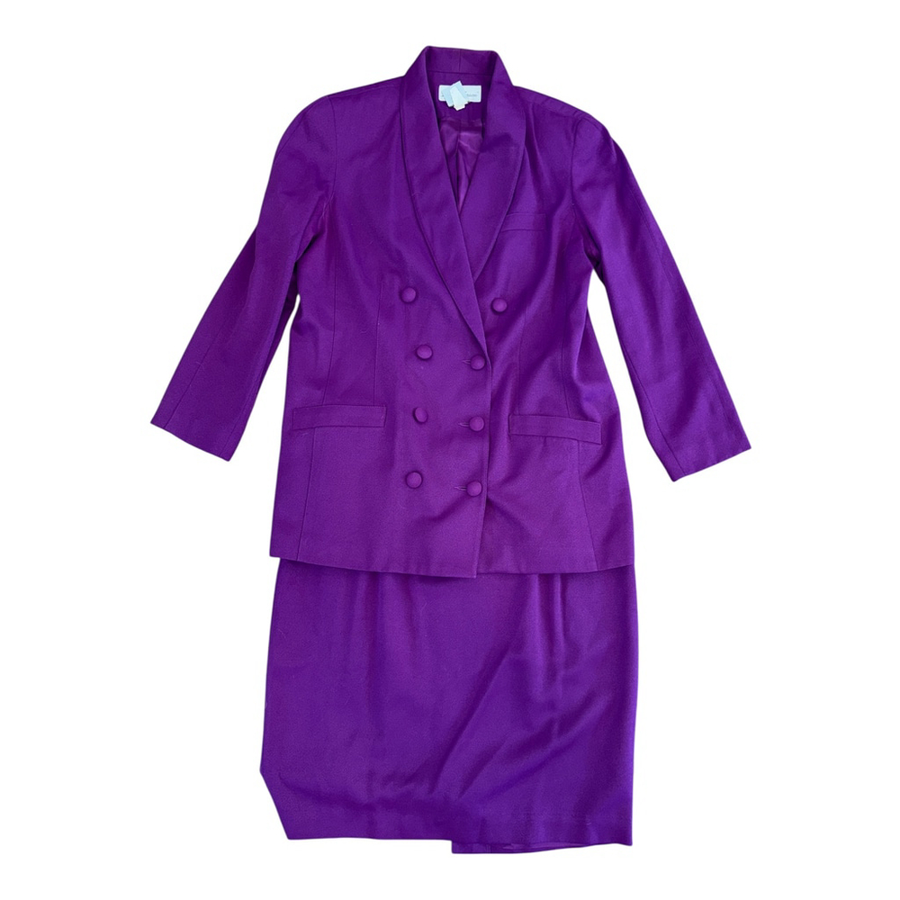 Professional Skirt Suit Set, Long Sleeve Blazer with Button Front, Purple
